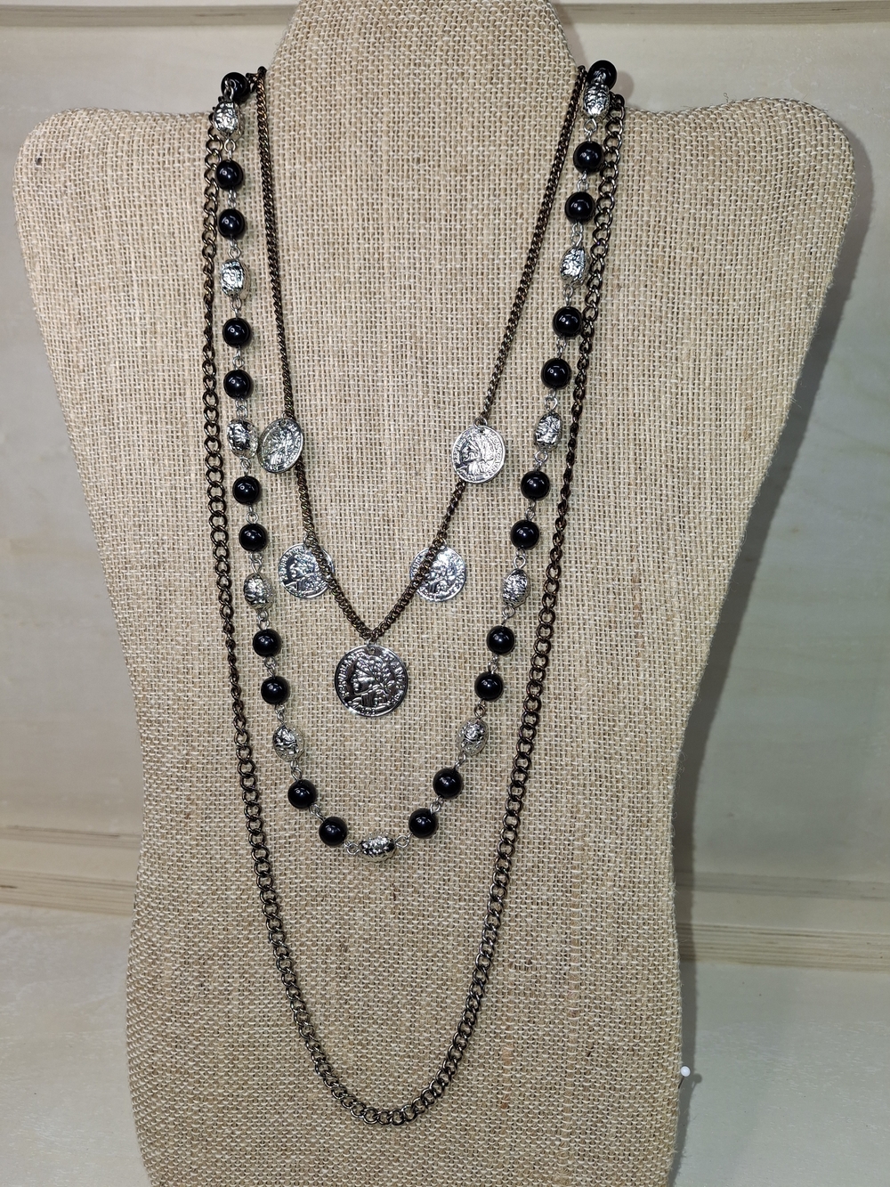 Layered Black and Silver Coin Necklace - Women Jewelry